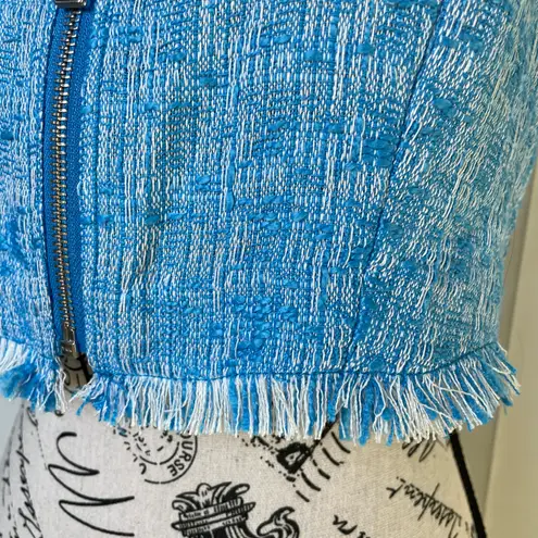 STAUD Becca blue tweed zip-up fringe hem halter crop top size 10 M medium