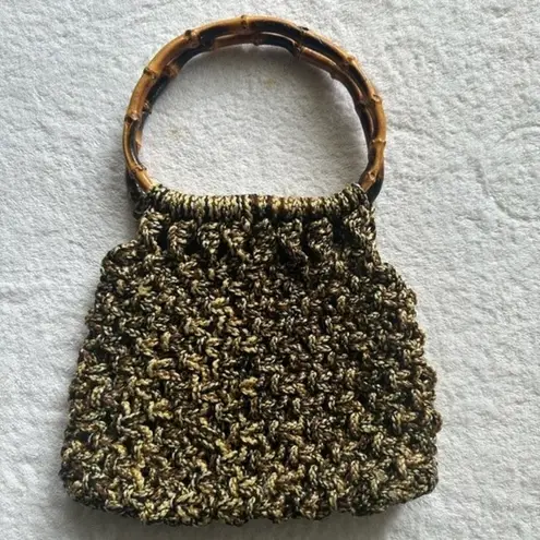 Vintage Macramé Thick Crochet Style Bamboo Handel Jute Bag Beachy Boho Hippie