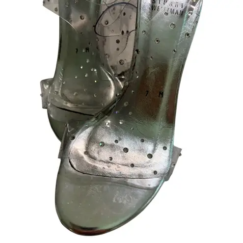 Stuart Weitzman  Clear Silver Crystal Embellishments T-Strap Sandal Heels size 7