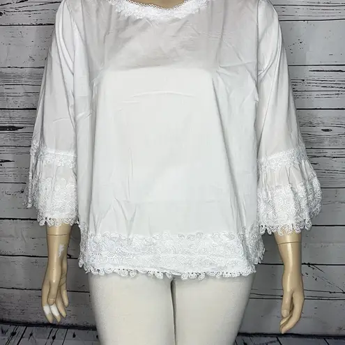 Grand & Greene Size 2X White Boho Floral Crochet Lace Keyhole Peasant Shirt Top