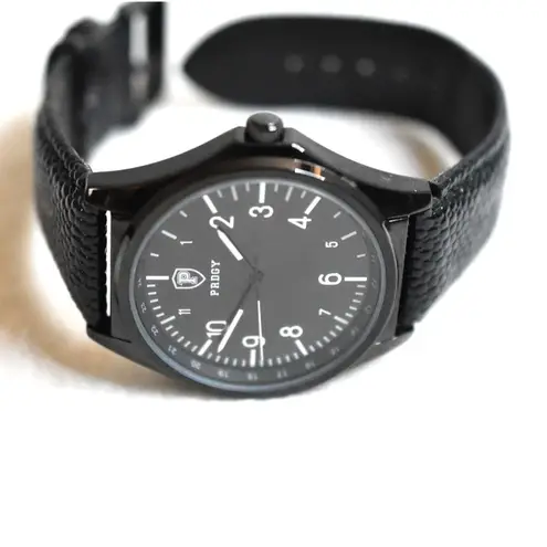 NWOT PRDGY Black Dimpled Leather Band Black Face Works Great Unisex Watch