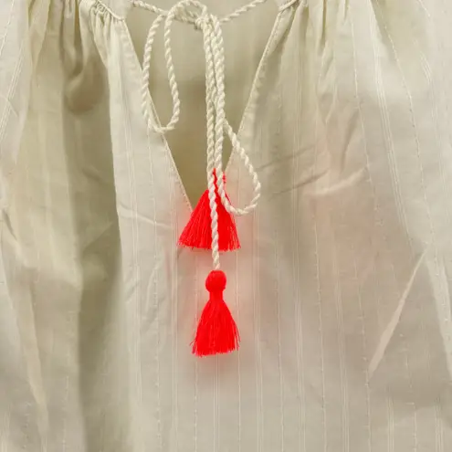 Boden Willa Embroidered Scallop Trim Tassel Tie Cream Cotton Blouse Top US 18 Blue