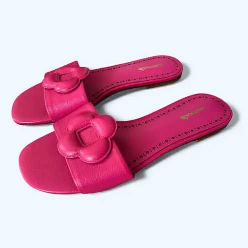 Larroudé Floral Flat Slide Sandals Hot Pink Leather Women’s Size 8 Chic Feminine