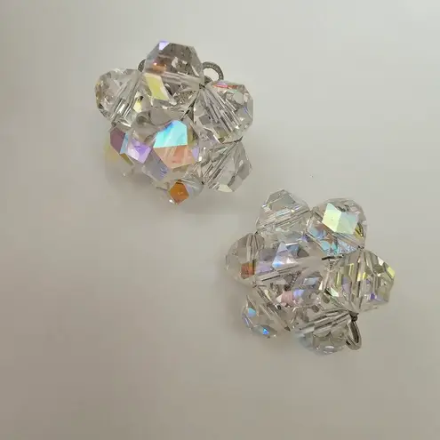 Laguna Crystal Aurora Borealis Austrian Bead Cluster Vintage Statement Earrings Silver