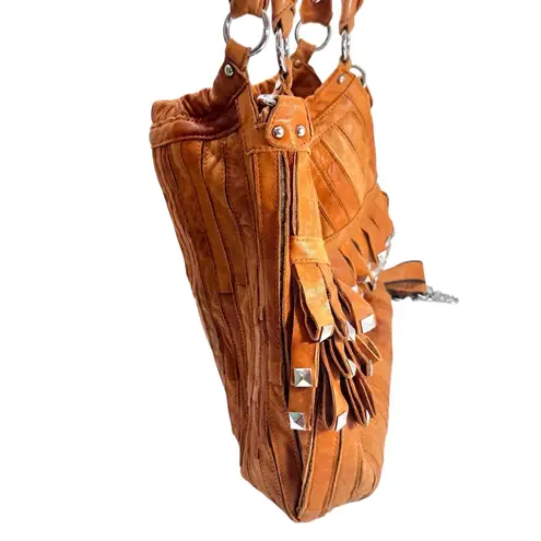 AmeriLeather Tutu Studded Leather Patchwork Shoulder Hobo Bag Brown