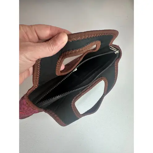 None Boho Floral Neoprene Top-Handle Clutch Purse – Brown Pink Purple, Zip