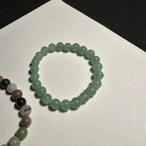 Lot Of 2 Beaded Stone / Glass 1 Multicolor 1 Green Stretchy Bracelet 6 1/4 Inch