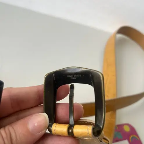 BYBLOS Leather Brass Buckle Womens Belt Sz EU 95 Medium Yellow Italy Adjustable