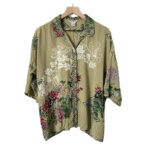 Citron 100% Silk Floral Print Short Sleeve Button Down Blouse Sage Green Medium