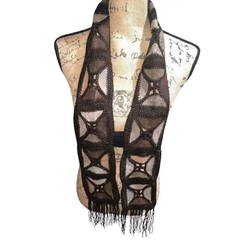 Vintage 1970s Sash Belt Leather Macrame Crochet Scarf Brown