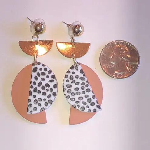 Geometric Gold Tone and Peach Polka Dot Clay Boho Earrings