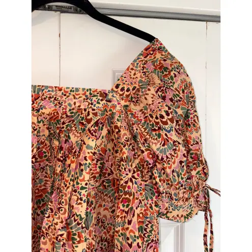 DR2 Floral Print Top Square Neck Puff Sleeve Blouse Bohemian Style Size S Tan