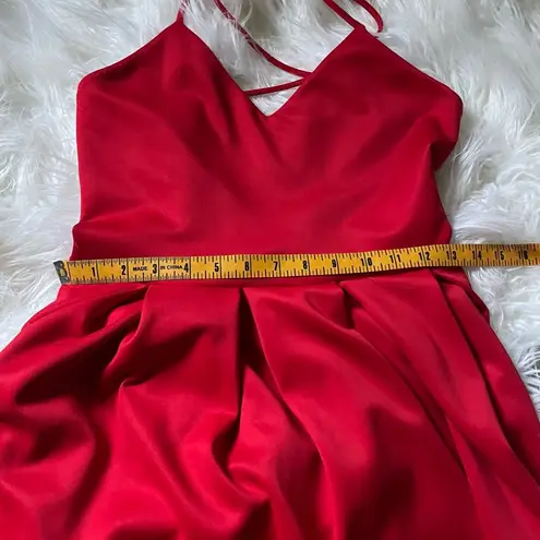 Soprano  Women's V Neck Spaghetti Strap Red Fit to Flare Pleat Dress Size L.