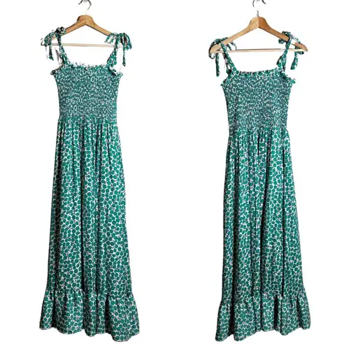 Summersalt Silky Luxe Smocked Maxi Dress Womens Medium Green Printed Bows Ruffle
