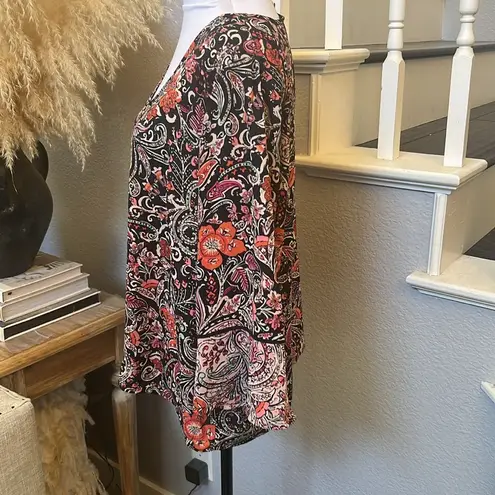 J. Jill Top Navy Blue Orange Paisley Floral Flare Sleeve V Neck Top Size Large