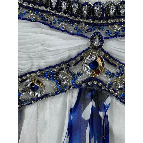 Terani Strapless 100% Silk White blue Print prom homecoming cocktail dress 12