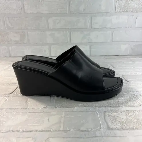 Ann Taylor  Slides Women 10 Black Leather Platform Wedge Open Toe Chunky‎ 90s Y2K