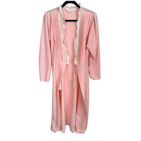 Vintage Womens Pink Lace Trimmed Pleated Robe Belted Long Sleeve sz m/l night Size M