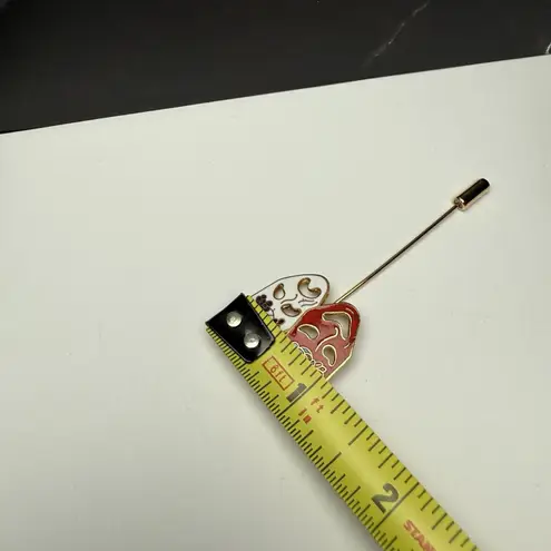 Comedy Tragedy Drama Mask Lapel Stick Pin Gold Tone Enamel White Red