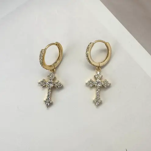 CZ Cross Dangle Drop Earrings for Men Women Streetwear Hip Hop Unisex Style Gold