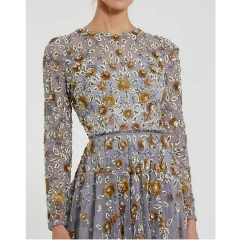 Mac Duggal 5533 Beaded Sequins Long Sleeve Gown Platinum Gold 10