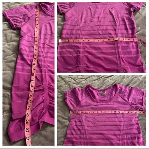 Athleta  Fastest Track Ruched Stripe Tshirt Short Sleeve Pinkish Purple M