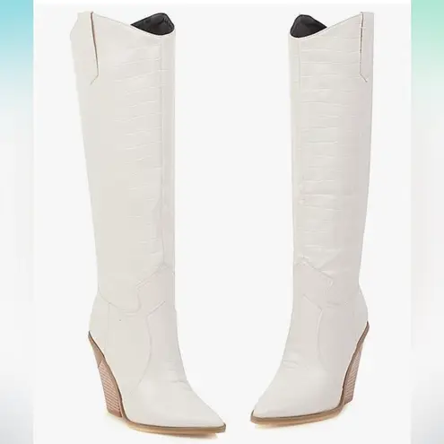 Crocodile Snakeskin Reptile White Knee High Boots Size 9.5