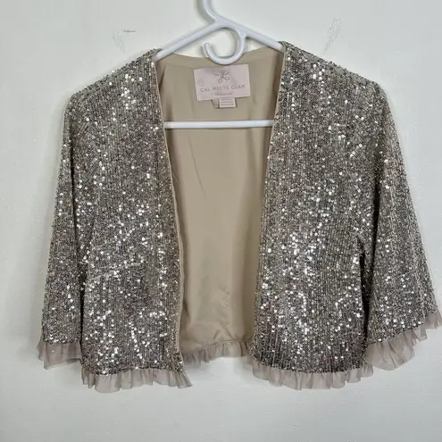 Gal Meets Glam Collection Diana Silver Sequin Crop Bolero Jacket Women's US 12