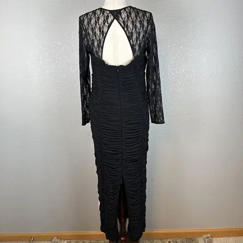 Vicky Tiel Womens Long Sheer Lace Sleeve Ruched Column Gown XL Long Dress Black
