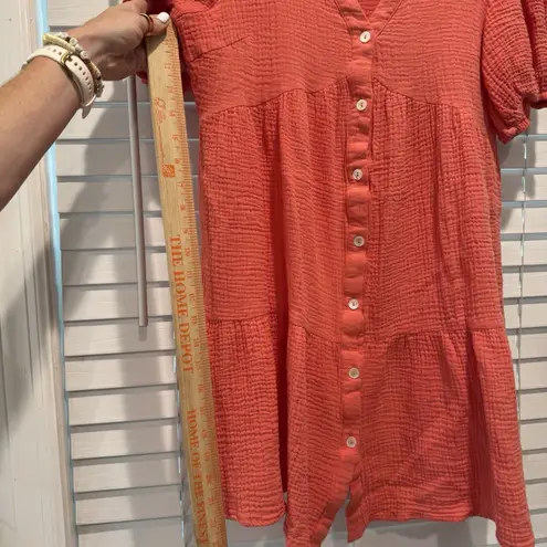 FRNCH  Short Sleeve Tiered Mini Dress 100% Cotton Crinkle Beachy CORAL PINK‎ Sz M