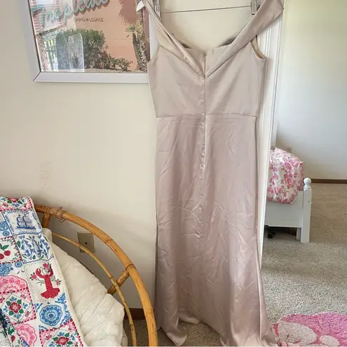 Revelry Bardot Satin Off Shoulder Maxi Dress in Soft Champagne Size 8 Gold