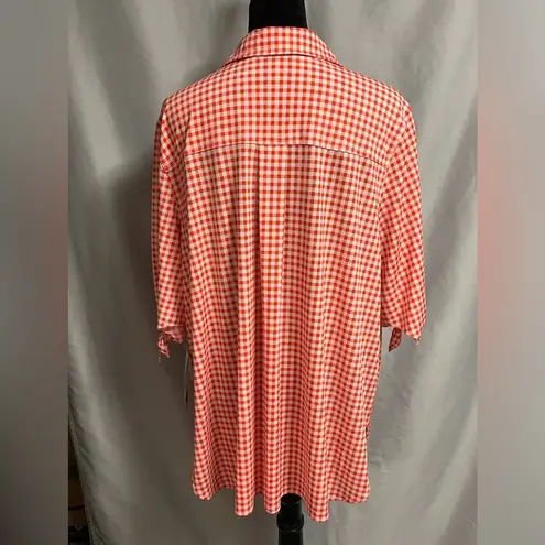 Peter Nygard Women Top 2X Orange White Check Button Front Slit Sleeve Polyester