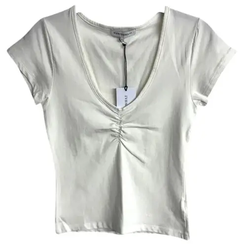We Wore What NWT Ruched Fitted V Neck Tee Shirt Cap Sleeves M Classic White #3548
