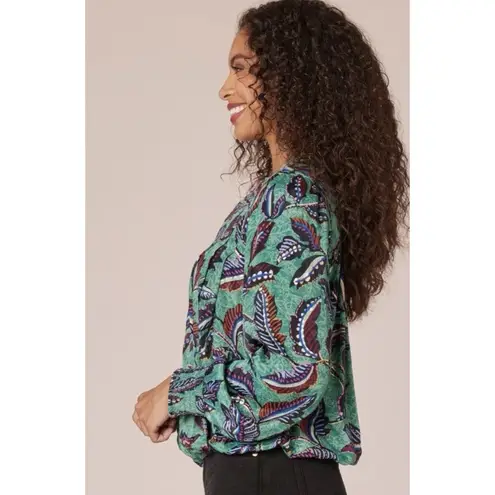 Democracy Leaf Print Small Top Surplice V-Neck Long Blouson Sleeve Overlap Front