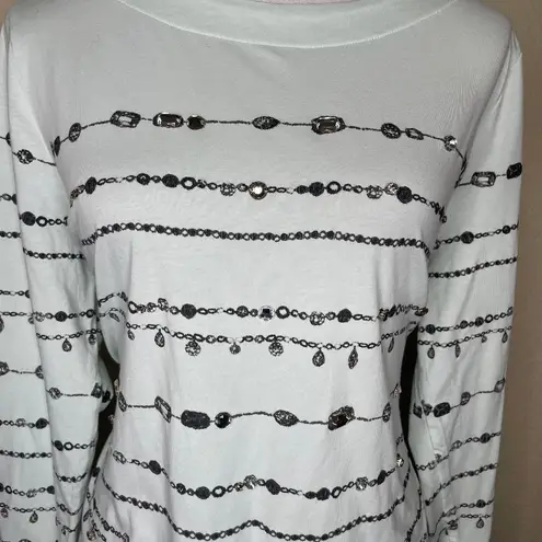 Elle Womens Mint Green Black Striped Rhinestone Long Sleeve Scoop Neck Size XL