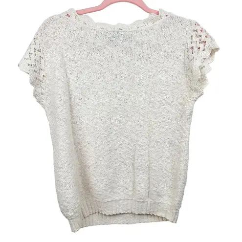 Liz Baker Vintage Knit Top Short Sleeve Cottagecore Blouse Cream