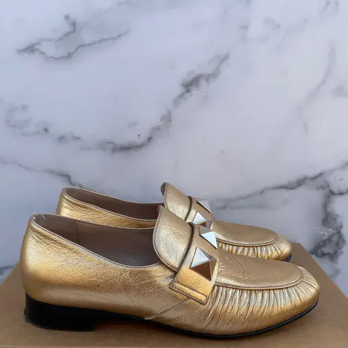 Valentino Garavani Valentino Rockstud women’s metallic gold leather loafers flats size 38.5 US 8.5