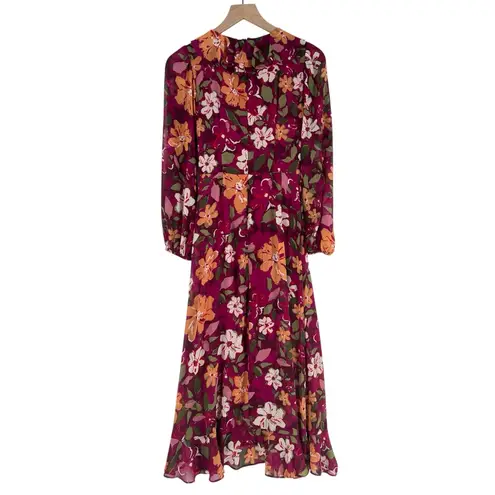 Maggy London Desert Bloom Floral Long Sleeve A-line Dress In Wine Ruffle Trim 2