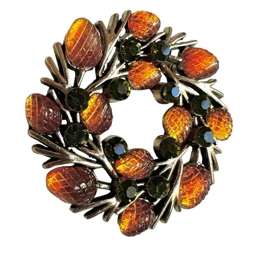 Vintage Pinecone Wreath Brooch with Amber & Olive Rhinestones