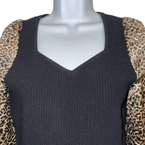 BAILEY 44 Black Thick Ribbed V-Neck Top Animal Print Long Sleeves NWOT Size S