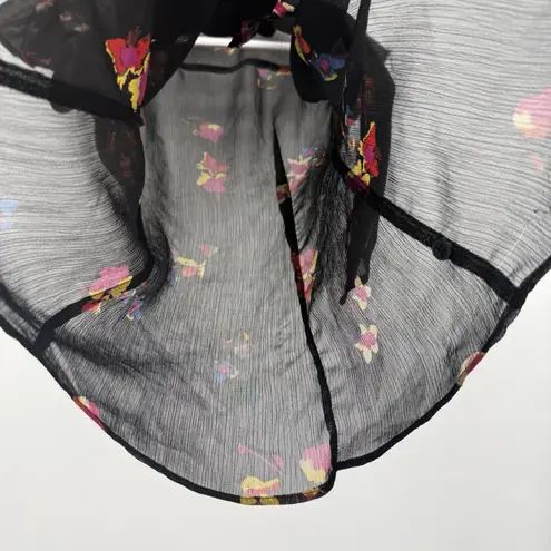 Attention Black Multi Floral Sheer Button Blouse Top Bow Tie Size XS