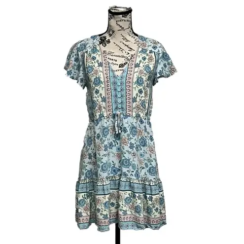Salty Bright mini dress floral boho Cottegecore Peasent beach 8 Swing Casual Blue