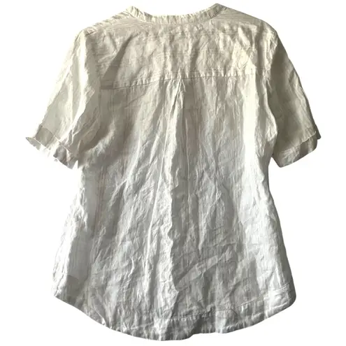 Chico's  Women's‎ Size 1 Linen Blend Button Up Shirt Top Gold Stripe Career M - Image 3