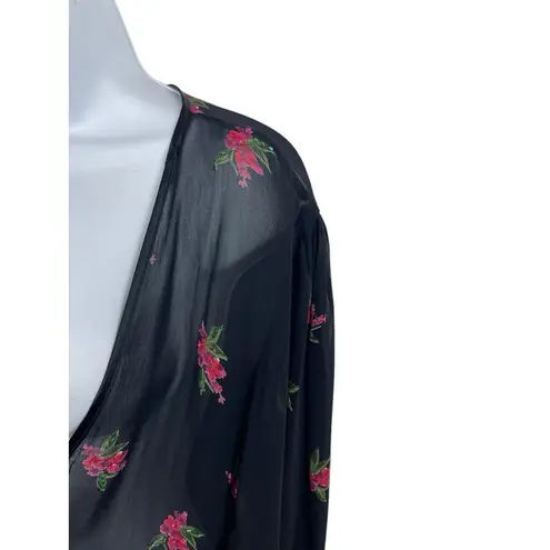 VTG Dressbarn Black Sheer Red Floral Open Tie Front L Top 90s Y2K Size L