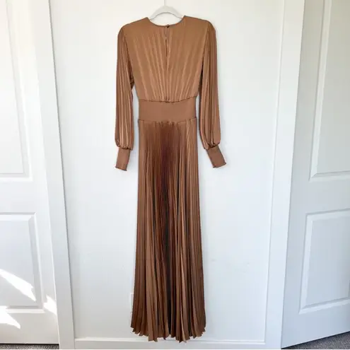 ALC Frank A.L.C. Leah II Pleated Long Sleeve Maxi Dress Gown in Toffee Brown