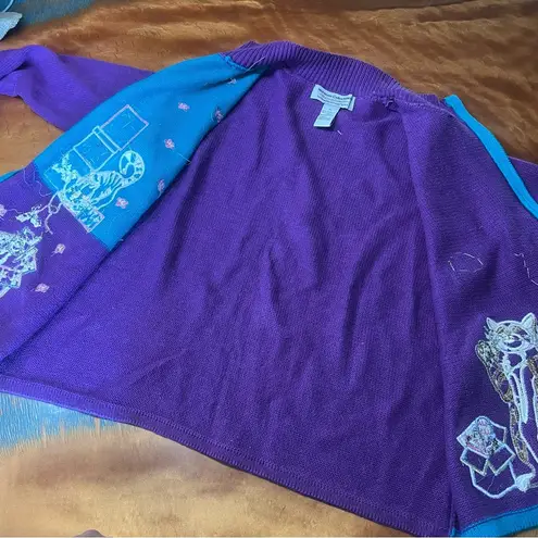 Heirloom Collwctible Christmas Cats holiday zip front Cardigan XL sequins Purple