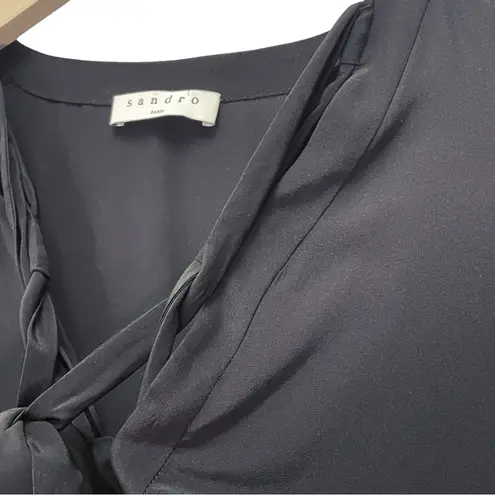Sandro Paris 100% Silk Black Long Sleeve Blouse Tie Neck Top Size 2/Medium US 6