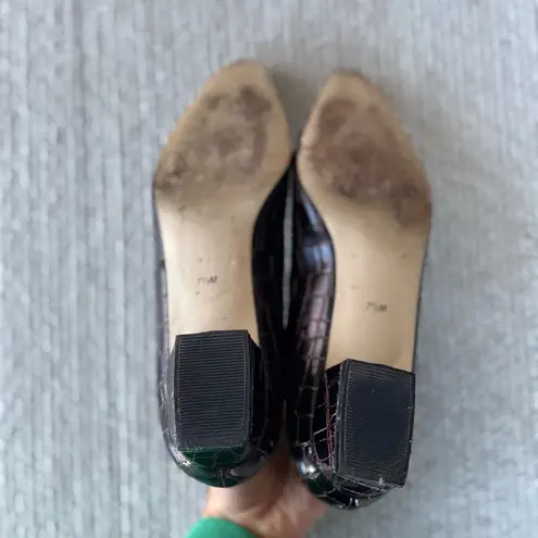 Vintage Nina Dark Brown Crocodile Patent Low Block Heel Ballet Flats Sz 7.5