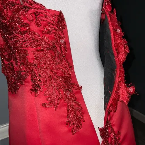 Handmade Red Mermaid Sleeveless Floral Lace Embroidered Beaded Fitted Formal Prom XS