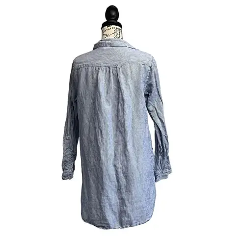 For Cynthia Women’s Blue White Striped Tunic Blouse Embroidered Floral Size S